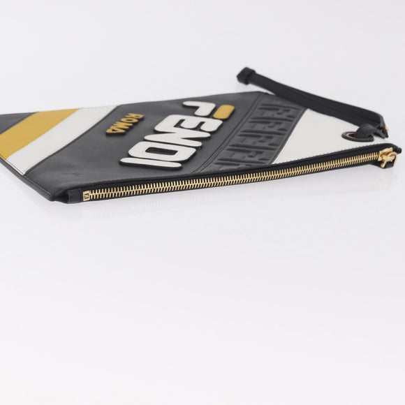 FENDI FILA Collaboration Clutch Bag Leather Black Gold Auth BA16700A