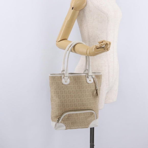 FENDI Zucchino Canvas Hand Bag Beige Gold Auth BA16701