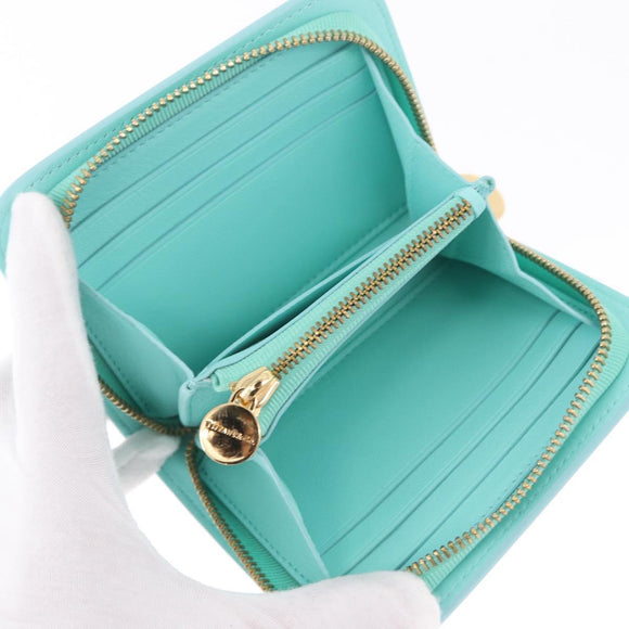 Tiffany & Co. Compact Wallet Leather Light Blue Gold Auth BA16753V