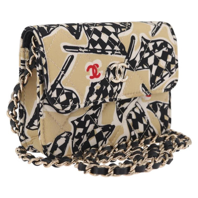 CHANEL Mini Matelasse Chain Shoulder Bag Canvas Beige Gold Tone CC Auth BA16785M
