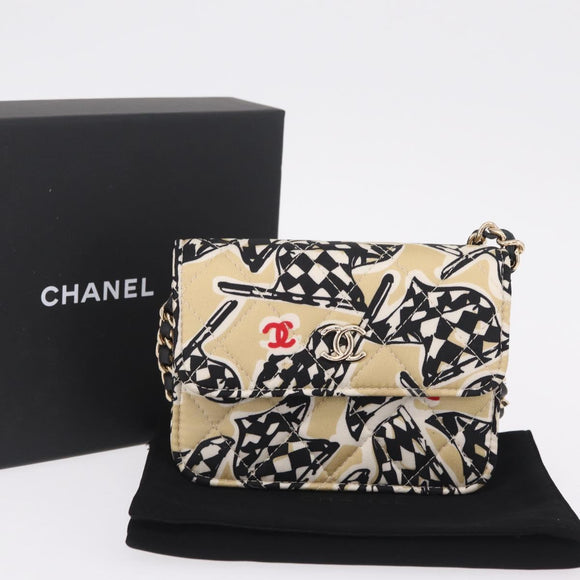 CHANEL Mini Matelasse Chain Shoulder Bag Canvas Beige Gold Tone CC Auth BA16785M