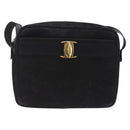 Salvatore Ferragamo Vala Shoulder Bag Suede Black Gold Tone Auth BA16787-2