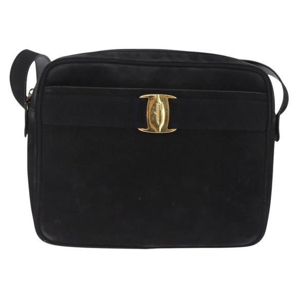 Salvatore Ferragamo Vala Shoulder Bag Suede Black Gold Tone Auth BA16787
