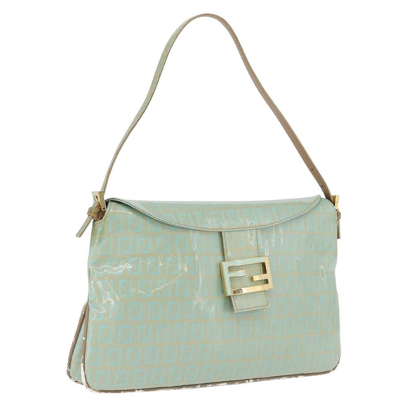 FENDI Zucchino Mamma Baguette Shoulder Bag PVC Mint Green Gold Tone Auth BA16812
