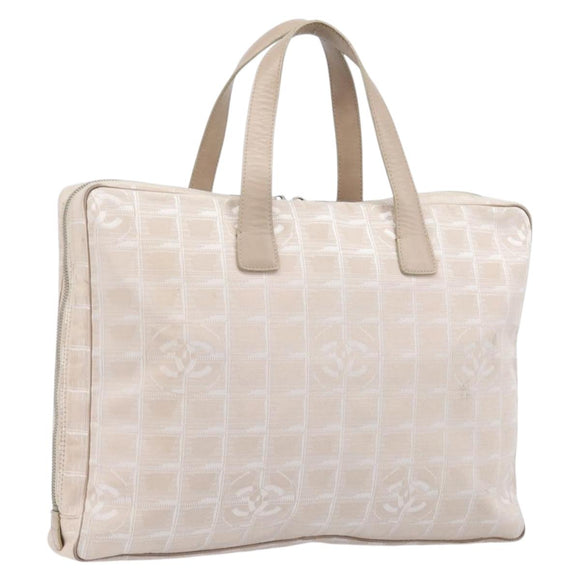 CHANEL New Travel Line Hand Bag Canvas Beige Silver CC Auth BA16834