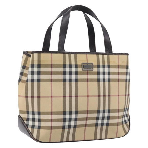 BURBERRY Nova Check Hand Bag PVC Leather Beige Silver Auth BA16839
