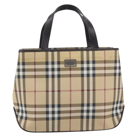 BURBERRY Nova Check Hand Bag PVC Leather Beige Silver Auth BA16839