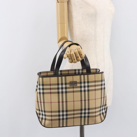 BURBERRY Nova Check Hand Bag PVC Leather Beige Silver Auth BA16839