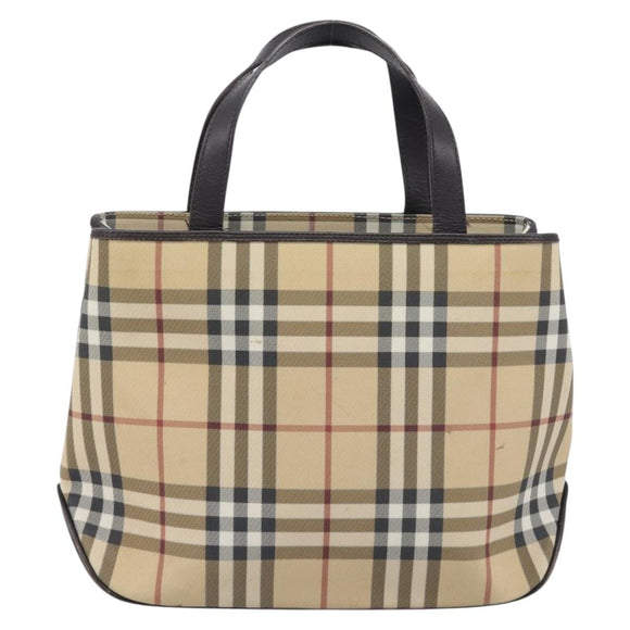 BURBERRY Nova Check Hand Bag PVC Leather Beige Silver Auth BA16839