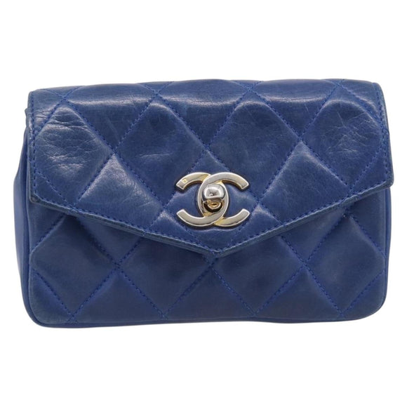 CHANEL Matelasse Waist Bag Lamb Skin Blue Gold Tone CC Auth BA16842