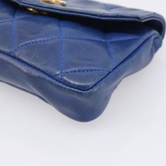 CHANEL Matelasse Waist Bag Lamb Skin Blue Gold Tone CC Auth BA16842
