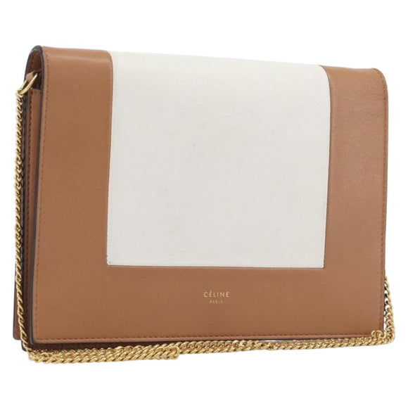 CELINE Frame Evening Clutch Shoulder Bag Leather Beige Gold Tone Auth BA16846A