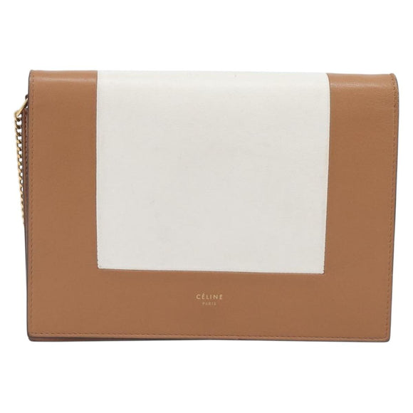 CELINE Frame Evening Clutch Shoulder Bag Leather Beige Gold Tone Auth BA16846A