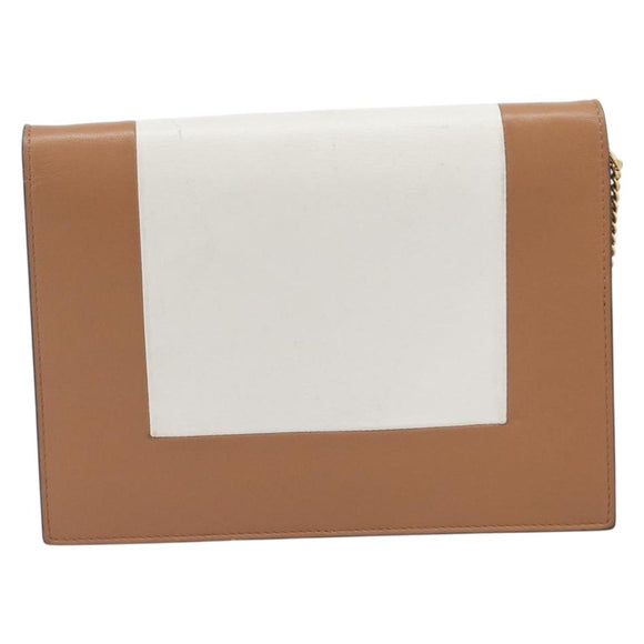CELINE Frame Evening Clutch Shoulder Bag Leather Beige Gold Tone Auth BA16846A