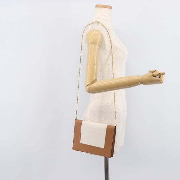 CELINE Frame Evening Clutch Shoulder Bag Leather Beige Gold Tone Auth BA16846A