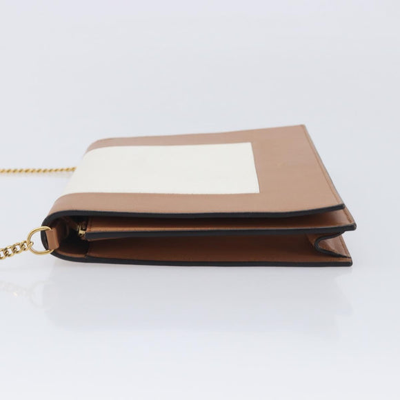 CELINE Frame Evening Clutch Shoulder Bag Leather Beige Gold Tone Auth BA16846A