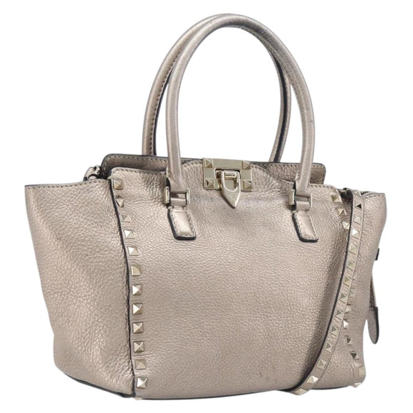Valentino Rock Studs Hand Bag Leather 2way Gold Auth BA16848