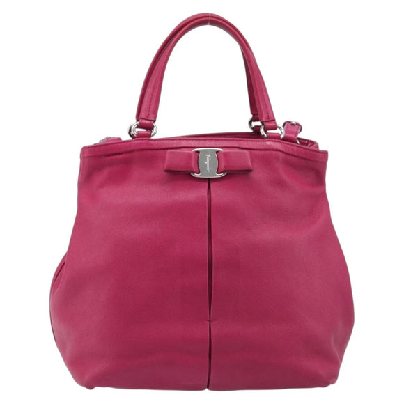 Salvatore Ferragamo Vala Hand Bag Leather 2way Pink Silver Auth BA16849A