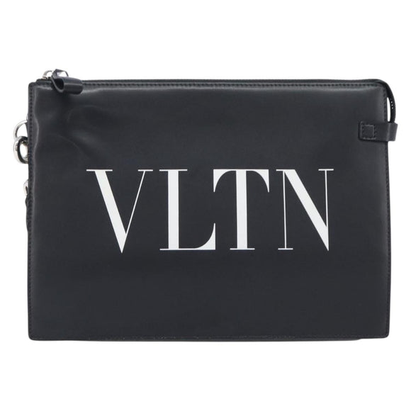 Valentino Clutch Bag Leather Black Silver Auth BA16865
