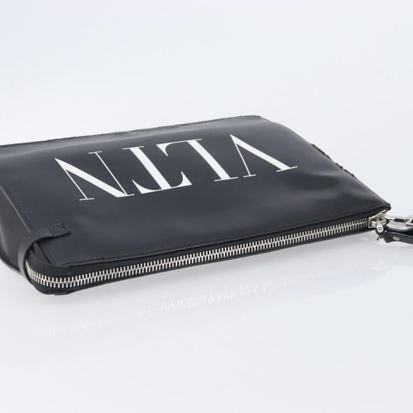 Valentino Clutch Bag Leather Black Silver Auth BA16865