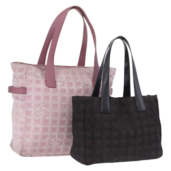 CHANEL New Travel Line Tote Bag Canvas 2 Set Brown Pink CC Auth BA16871
