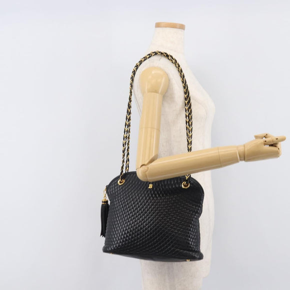 Bally Chain Shoulder Bag Leather Black Gold Tone Auth BA16884