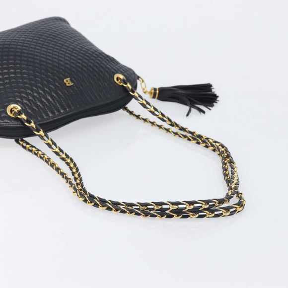 Bally Chain Shoulder Bag Leather Black Gold Tone Auth BA16884