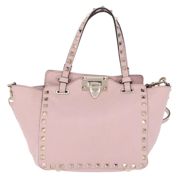 Valentino Rock Studs Hand Bag Leather 2way Pink Gold Tone Auth BA16896V