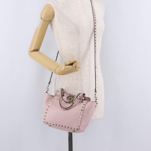 Valentino Rock Studs Hand Bag Leather 2way Pink Gold Tone Auth BA16896V
