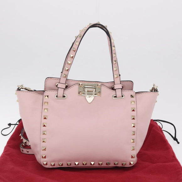Valentino Rock Studs Hand Bag Leather 2way Pink Gold Tone Auth BA16896V