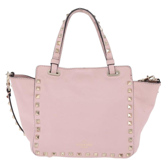 Valentino Rock Studs Hand Bag Leather 2way Pink Gold Tone Auth BA16896V