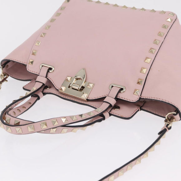 Valentino Rock Studs Hand Bag Leather 2way Pink Gold Tone Auth BA16896V
