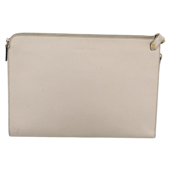 Salvatore Ferragamo Clutch Bag Leather Ivory Gold Tone Auth BA16897