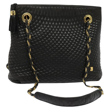 BALLY Quilted Chain Shoulder Bag Leather Black Gold Auth BA1691