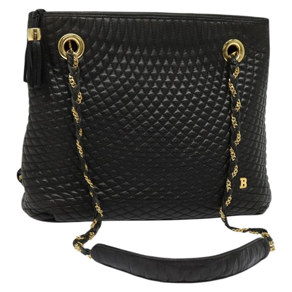 BALLY Quilted Chain Shoulder Bag Leather Black Gold Auth BA1691