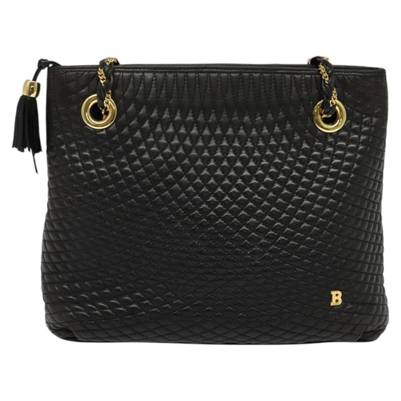 BALLY Quilted Chain Shoulder Bag Leather Black Gold Auth BA1691