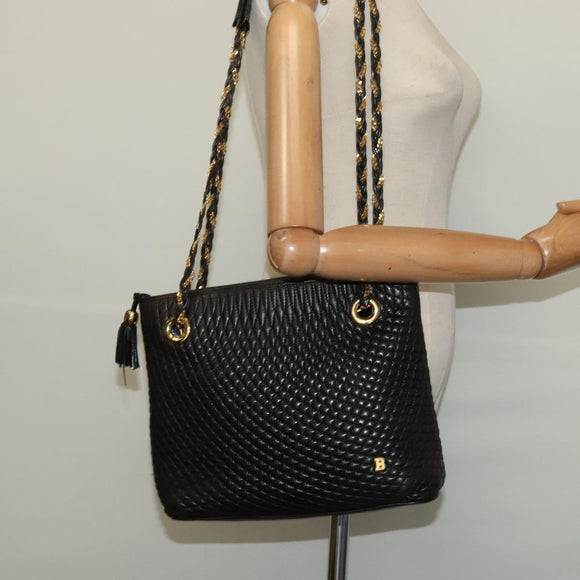 BALLY Quilted Chain Shoulder Bag Leather Black Gold Auth BA1691