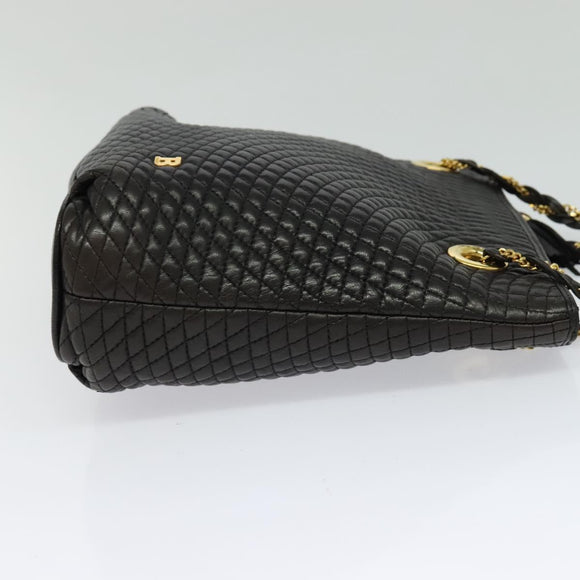 BALLY Quilted Chain Shoulder Bag Leather Black Gold Auth BA1691
