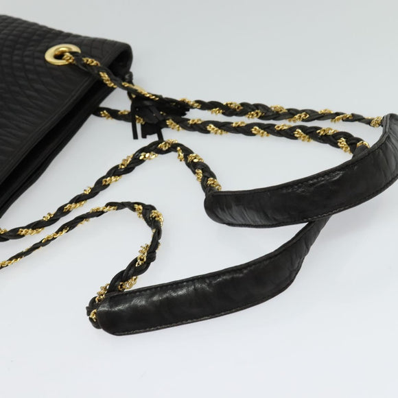 BALLY Quilted Chain Shoulder Bag Leather Black Gold Auth BA1691