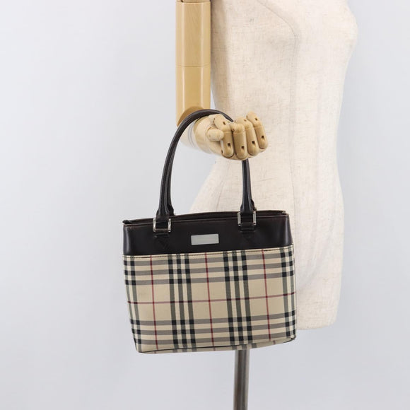 BURBERRY Nova Check Hand Bag Canvas Beige Silver Auth BA16924