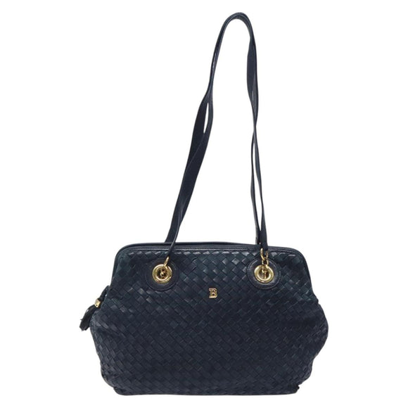 BALLY Shoulder Bag Leather Navy Gold Auth BA1693