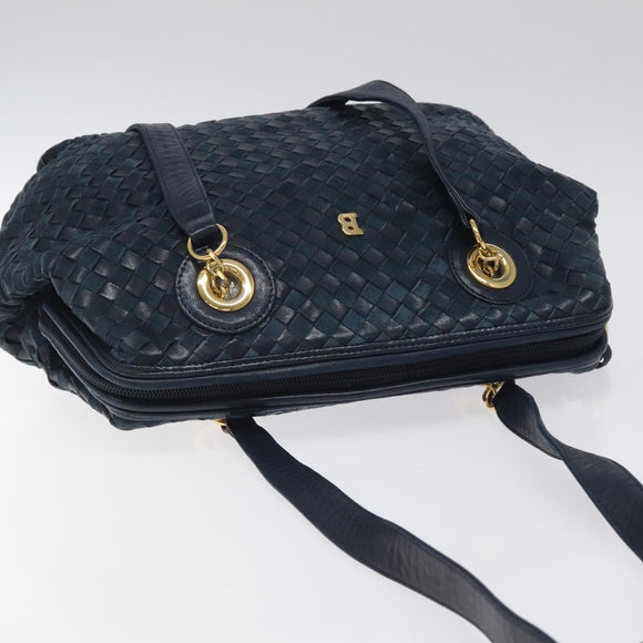 BALLY Shoulder Bag Leather Navy Gold Auth BA1693