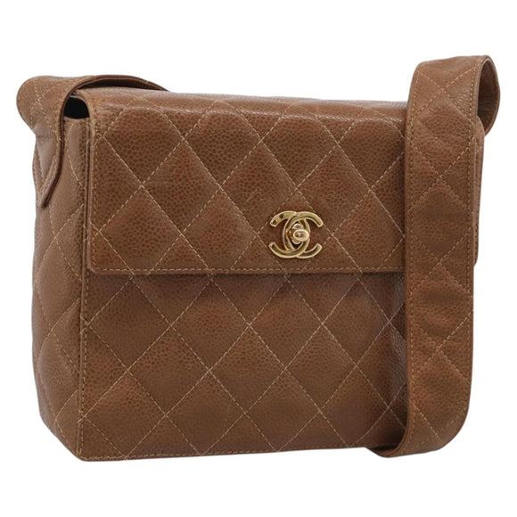 CHANEL Matelasse Shoulder Bag Caviar Skin Brown Gold Tone CC Auth BA16932V