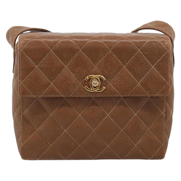 CHANEL Matelasse Shoulder Bag Caviar Skin Brown Gold Tone CC Auth BA16932V