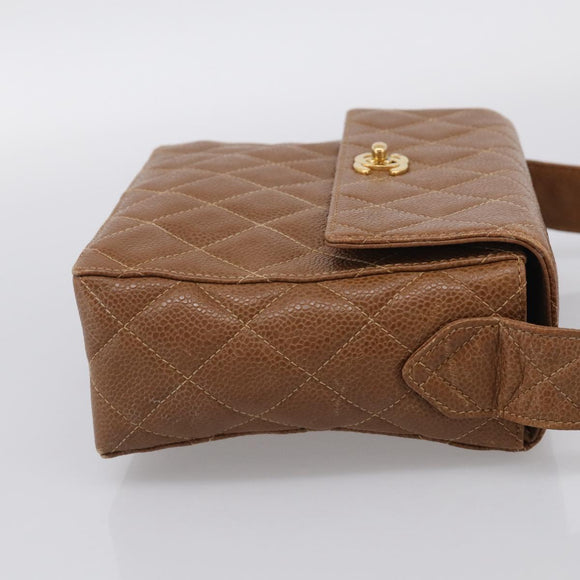 CHANEL Matelasse Shoulder Bag Caviar Skin Brown Gold Tone CC Auth BA16932V