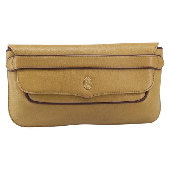 Cartier Must Line Clutch Bag Leather Beige Gold Tone Auth BA16943