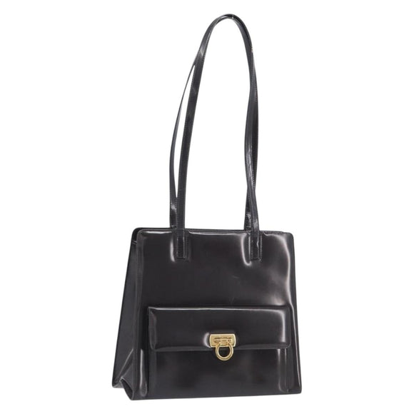 Salvatore Ferragamo Gancini Tote Bag Patent Dark Brown Gold Tone Auth BA16946