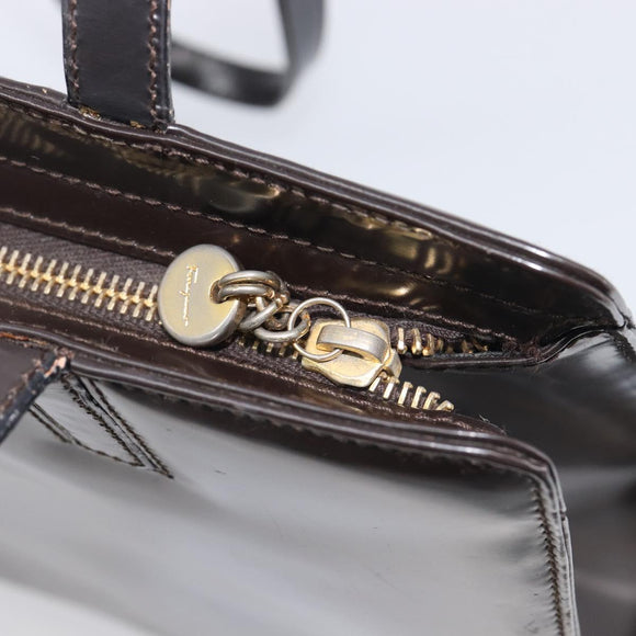 Salvatore Ferragamo Gancini Tote Bag Patent Dark Brown Gold Tone Auth BA16946