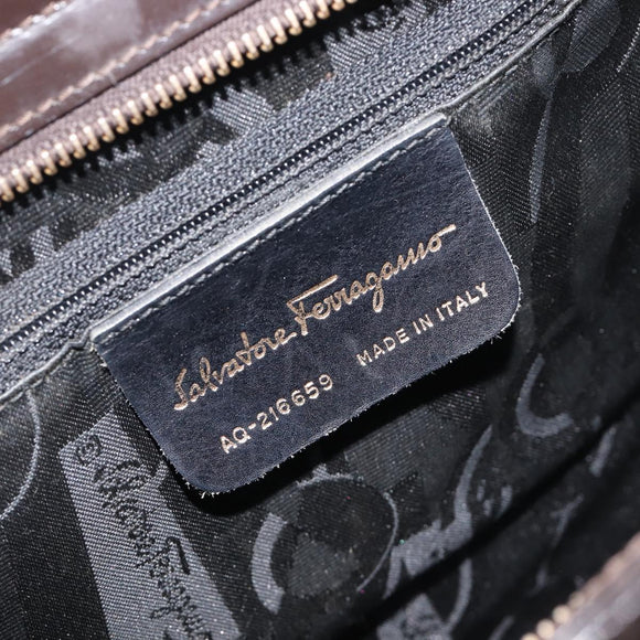 Salvatore Ferragamo Gancini Tote Bag Patent Dark Brown Gold Tone Auth BA16946