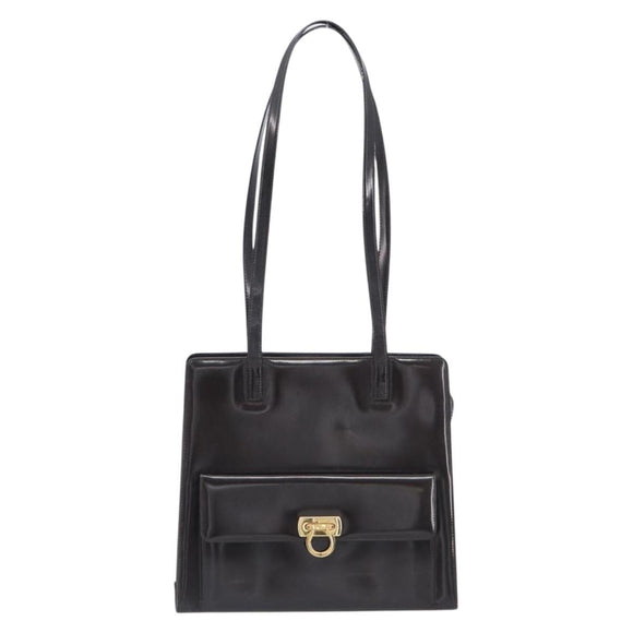 Salvatore Ferragamo Gancini Tote Bag Patent Dark Brown Gold Tone Auth BA16946